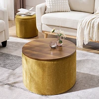 2-Piece Set Round Chenille Storage Ottoman, Equipped with a Drum Shaped Small Stool, Storage Space, and Mdf Made Desktop Panel (Dark Yellow 23.62"