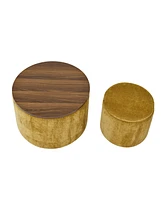 2-Piece Set Round Chenille Storage Ottoman, Equipped with a Drum Shaped Small Stool, Storage Space, and Mdf Made Desktop Panel (Dark Yellow 23.62"
