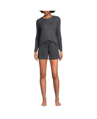 Lands' End Women's Cozy Brushed Rib 2 Piece Pajama Set - Long Sleeve Top and Shorts