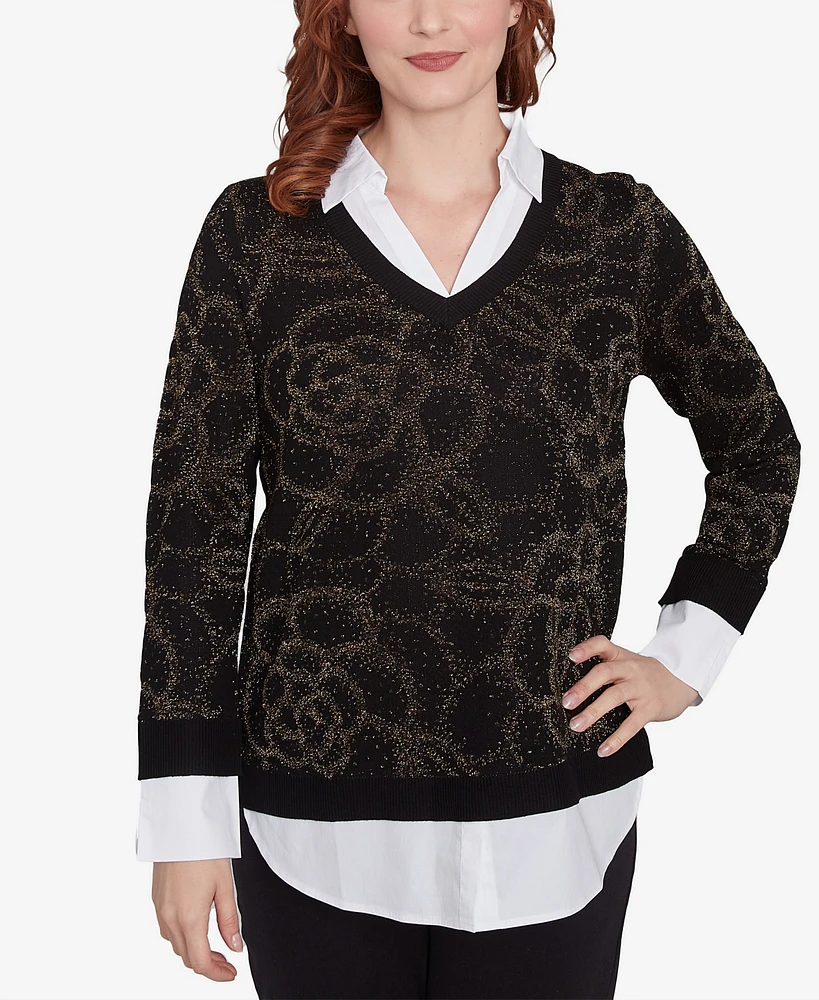 Ruby Rd. Petite Metallic Floral Layered Shirt Collar V-Neck Sweater