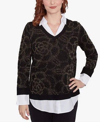 Ruby Rd. Petite Metallic Floral Layered Shirt Collar V-Neck Sweater