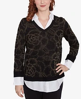 Ruby Rd. Petite Metallic Floral Layered Shirt Collar V-Neck Sweater
