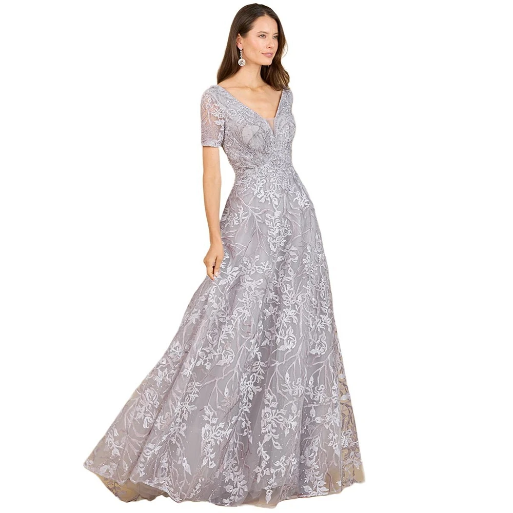 Lara Women's Short Sleeve Lace A-Line Dress with V-Neckline