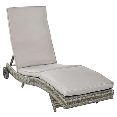 Chaise Lounge Pool Chair, Outdoor Pe Rattan Cushioned Patio Sun Lounger w/ 5-Level Adjustable Backrest & Wheels for Easy Movement, Wicker, Gray