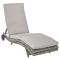 Chaise Lounge Pool Chair, Outdoor Pe Rattan Cushioned Patio Sun Lounger w/ 5-Level Adjustable Backrest & Wheels for Easy Movement, Wicker, Gray
