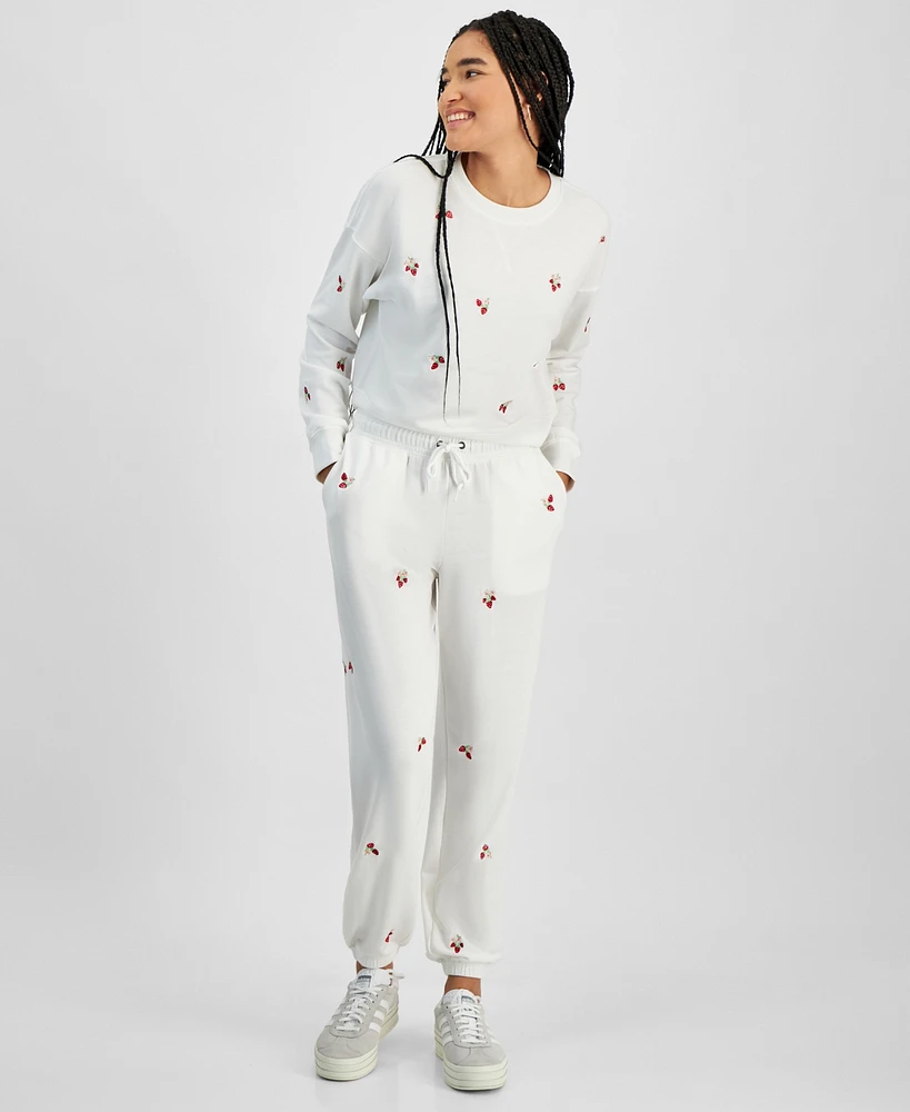 Hippie Rose Juniors' Floral-Embroidered Sweatpants