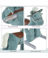 Kids Plush Ride-On Rocking Horse with Bear Toy, Children Chair with Soft Plush Toy & Fun Realistic Sounds, Blue