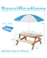 Streamdale Furniture 3-in-1 Kids Outdoor Wooden Picnic Table With Umbrella, Convertible Sand & Wate, Gray Astm & Cpsia Certification