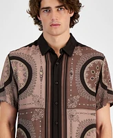 Guess Men's Short Sleeve Button Front Medallion Print Shirt