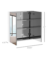 Bathroom Mirrored Cabinet, 24"x26" Stainless Steel Frame Medicine Cabinet, Wall-Mounted Storage Organizer with Double Doors, Silver
