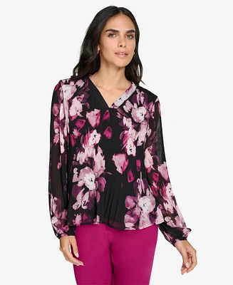 Calvin Klein Women's Petite V-Neck Long-Sleeve Blouse