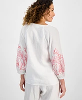 Charter Club Petite Embroidered Linen 3/4-Sleeve Top, Exclusively at Macy's