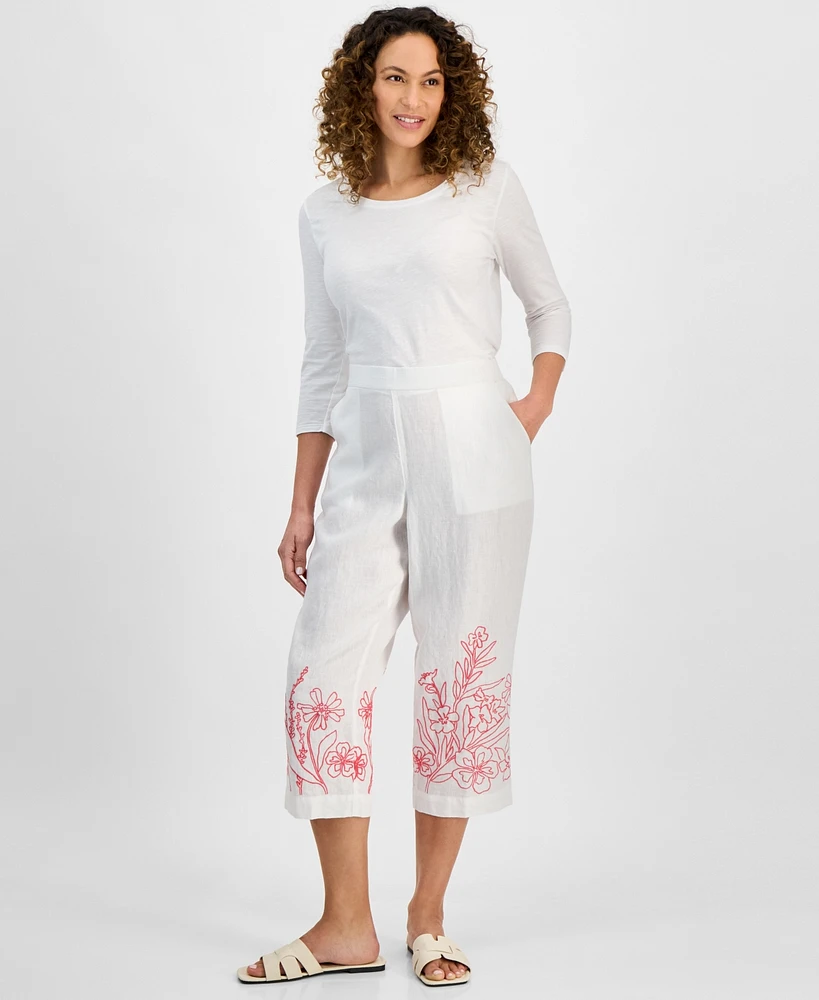 Charter Club Petite Embroidery Crop Linen Pants, Exclusively at Macy's