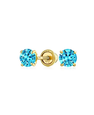 Bling Jewelry Minimalist Tiny Cubic Zirconia Blue Aqua Cz Round Solitaire Stud Earrings14K Yellow Gold Screw Back 3MM