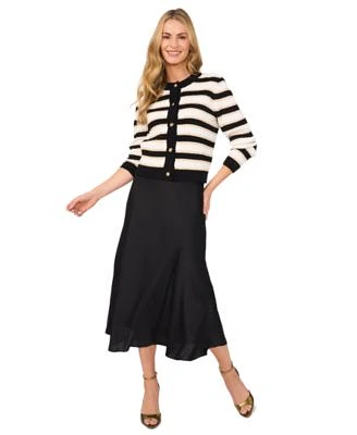 Cece Womens Striped Cardigan Sweater Satin Midi Skirt