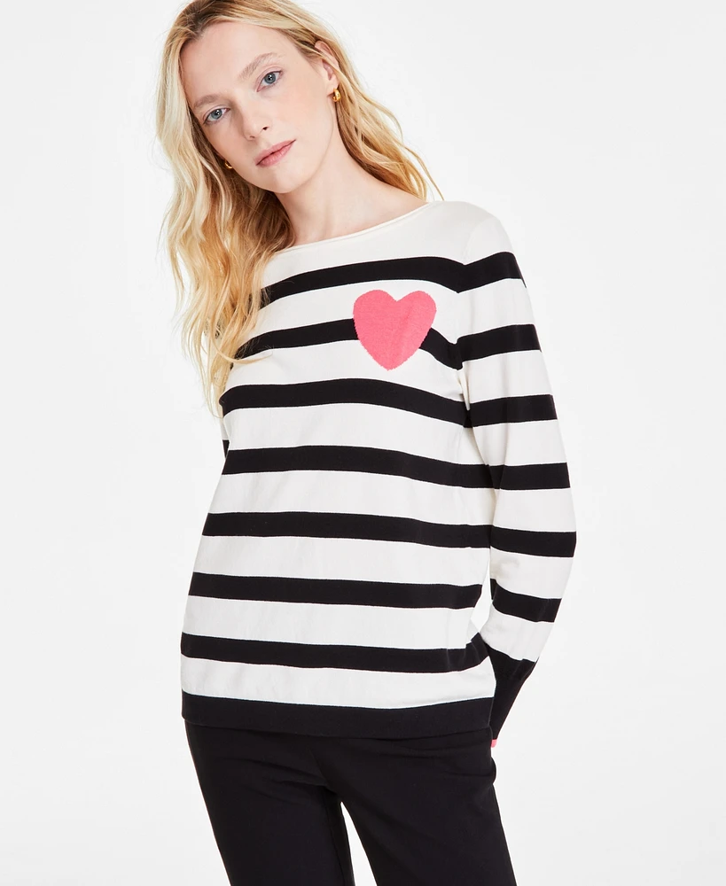 Jones New York Women's Striped Heart Boat-Neck Sweater