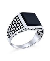 Bling Jewelry Brick Accent Statement Rectangle Natural Black Onyx Signet Ring