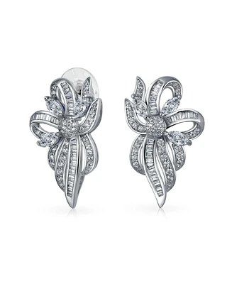 Bling Jewelry Victorian Holiday Style Cocktail Clear Ribbon baguette Cubic Zirconia Cz Bow Drop Stud Earrings For Women Silver Plated