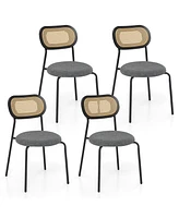 Gymax Rattan Dining Chair Set of 4 Upholstered Mesh Cane Backrest Kitchen Linen Fabric