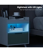 Gymax Nightstand Modern Beside End Table w/ Led Lights Open Compartment & Drawer