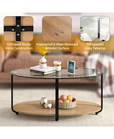 Gymax Glass-Top Coffee Table 2-Tier Modern Oval Side Sofa Table w/ Storage Shelf