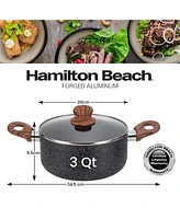 Hamilton Beach 3 Quart Nonstick Marble Coating Even Heating Round Dutch Oven Pot with Glass Lid and Wooden Like Soft Touch Handle, Dutch Oven Pot, Bra