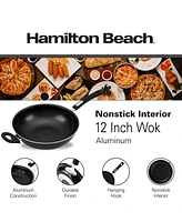 Hamilton Beach Nonstick Wok Pan 12-Inch - Black Aluminum Wok Pan with Soft Touch Bakelite Handle - Flared Edge