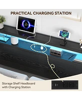 gaomon Headboard for King Bed with Storage, Adjustable Metal & Wood 2 Outlets, Led Lights, Usb Ports, and Storage Rack, Sturdy S