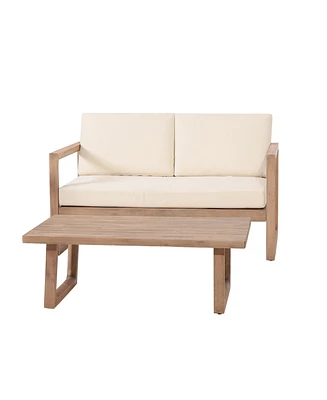 Simplie Fun Outdoor Acacia Wood Loveseat And Coffee Table Set With Cushions, Brown Wash, Beige