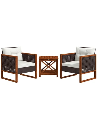 Streamdale Furniture 3 Pieces Patio Bistro Set Wooden with Cushions, Pe Wicker Patio Furniture Outdoor for Porch, Backyard, Garden, Brown