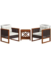 Streamdale Furniture 3 Pieces Patio Bistro Set Wooden with Cushions, Pe Wicker Patio Furniture Outdoor for Porch, Backyard, Garden, Brown