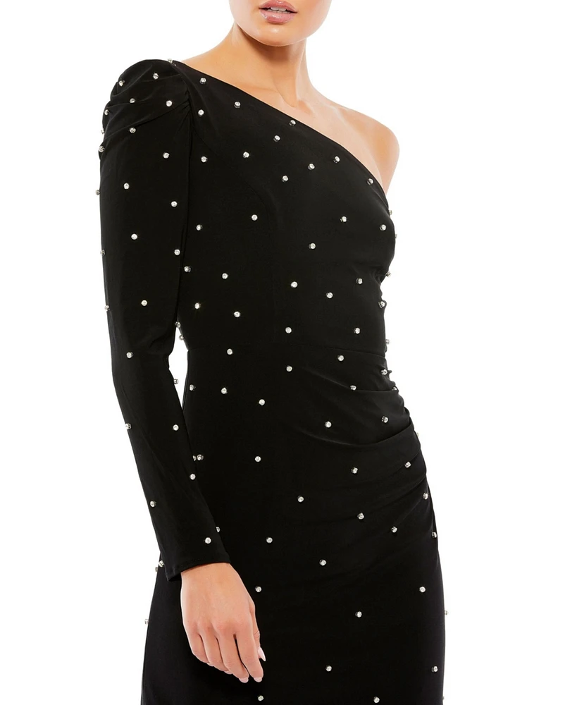 Mac Duggal Women's Rhinestone Encrusted One Shoulder Long Sleeve Mini Dress