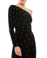 Mac Duggal Women's Rhinestone Encrusted One Shoulder Long Sleeve Mini Dress