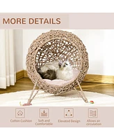 20.5" Weaved Cat Bed, Elevated Hand-woven Braided Banana Leaf Kitten House Condo with Cushion, Beige