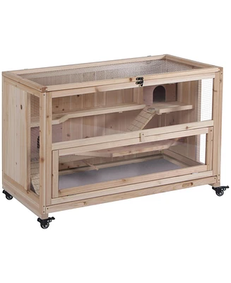 Extra Large Wooden Hamster Cage and Habitat Playground with 3 Ladders and 2 Huts, Syrian & Dwarf Hamster Small Animal Cage, Wheels, Pull-out Tray, Nat