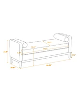 66.34" W Elegant Upholstered Bench, Daybed, Ottoman with Wood Legs & 2 Bolster Pillows for End of Bed, Bedroom, Living Room, Entryway, Black Bouc