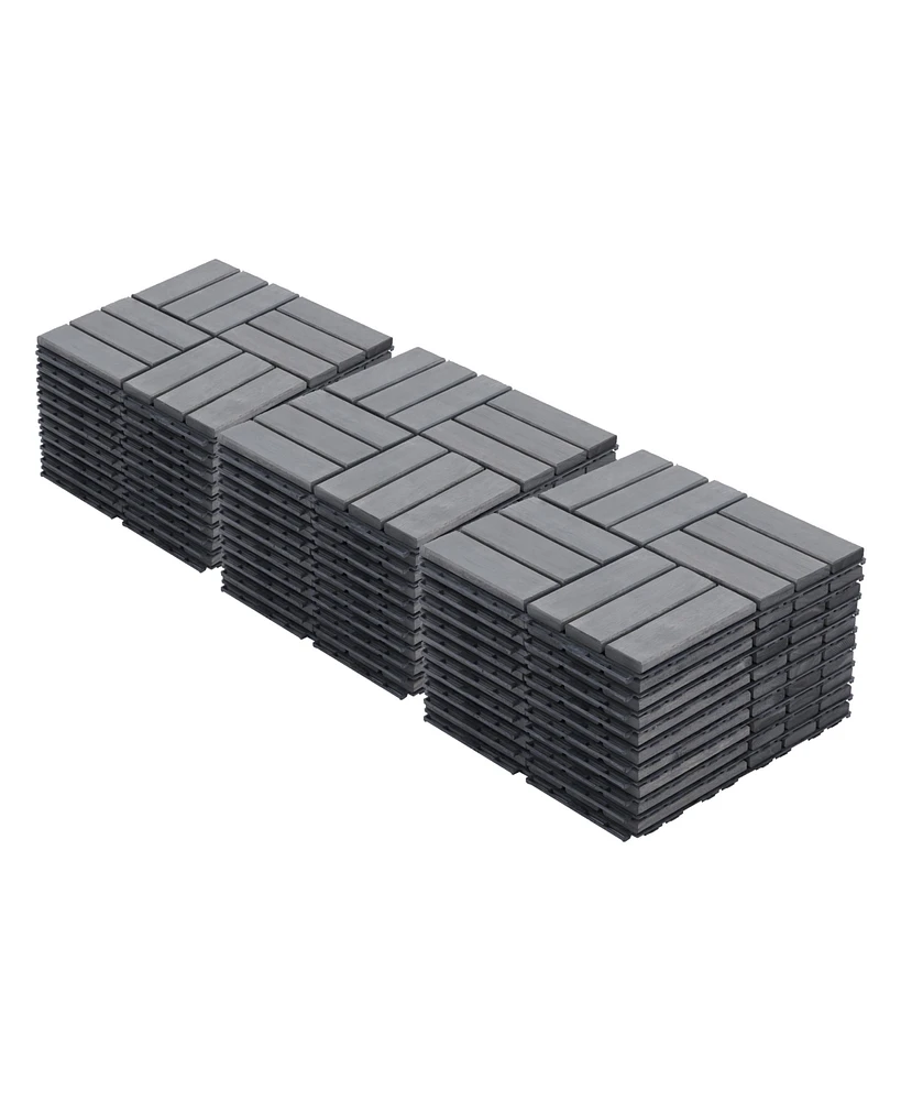 30 Pcs Interlocking Deck Tiles Checker Pattern, 12" x 12" Square Light Gray Acacia Hardwood Outdoor Flooring for Patio, Bancony, Pool Side,.