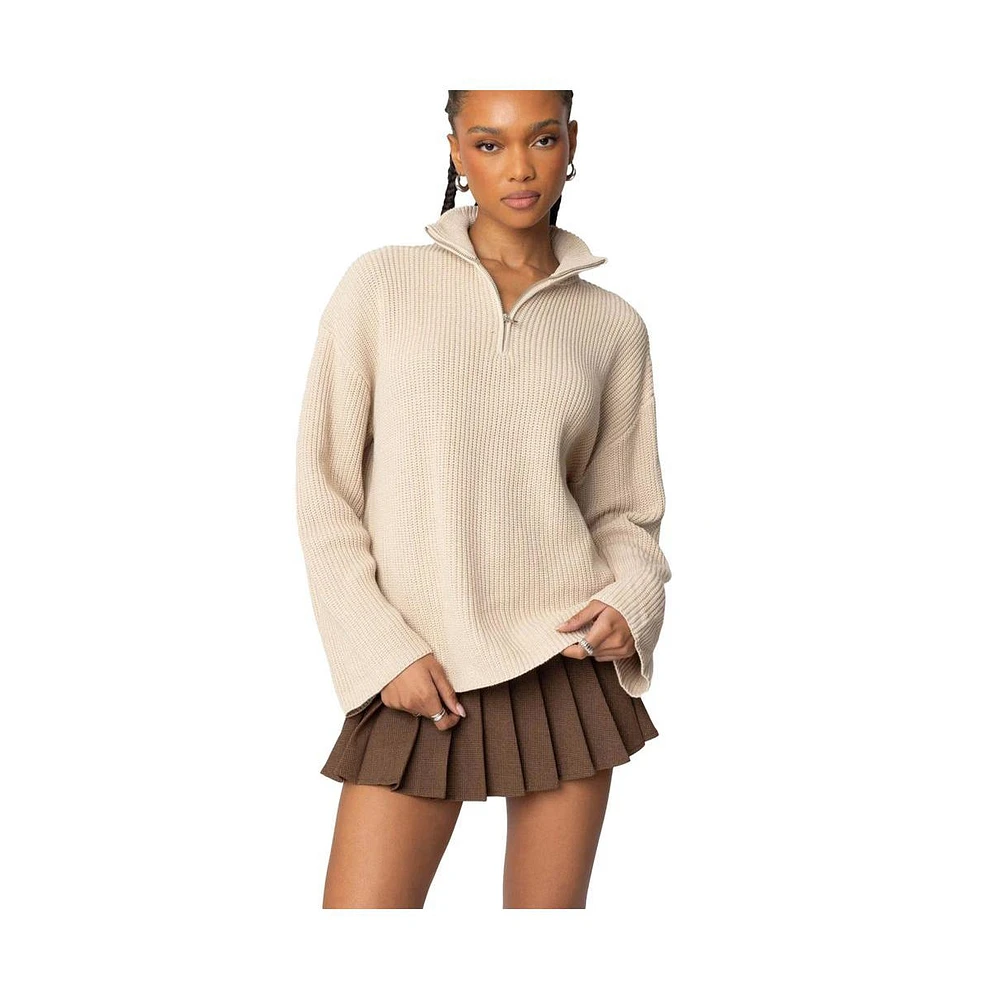 Edikted Women's Oversized Quarter Zip High Neck Rib Sweater