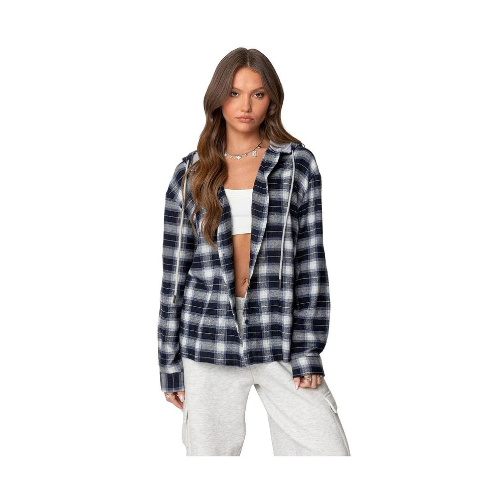 Edikted Women's Plaid Hooded Button Up Shirt