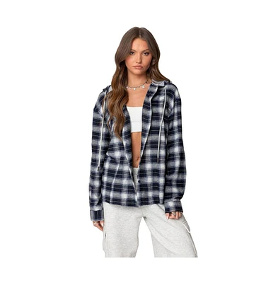 Edikted Womens Plaid Hooded Button Up Shirt