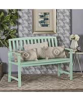 Farmhouse-Style Acacia Wood Bench In Light Mint