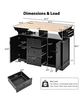 55.7" Large Kitchen Island with 2 Drop Leaf,, Rolling Kitchen Cart on 5 Wheels with Power Outlet, Folding Storage Dining Table with Spice & Towel