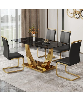 Streamdale Furniture Table and chair set.Modern rectangular dining table with black textured stickers glass tabletop and gold plated metal legs.Paired