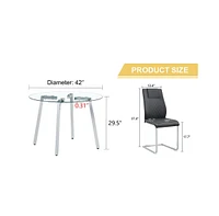 Table and chair set.a Modern Minimalist Style Round Clear Tempered Glass Table with silver Metal Legs.Paired with 6 chairs with Modern Pu Leather High