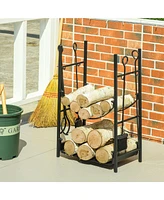 Streamdale Furniture Firewood Rack with Fireplace Tools, Indoor Outdoor Firewood Holder, Flat Bottom with 2 Tiers for Fireplace, Wood Stove, Hearth or