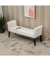 End of Bed Bench with Button Tufted Design, Upholstered Bedroom Entryway Bench with Arms and Solid Wood Legs for Bedroom, Cream White