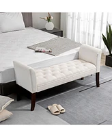 Streamdale Furniture End of Bed Bench with Button Tufted Design, Upholstered Bedroom Entryway Bench with Arms and Solid Wood Legs for Bedroom, Cream W