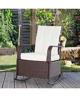 Simplie Fun Wicker Outdoor Rocking Chair, Patio Recliner with Adjustment Backrest, Pe Rattan Lounge Chair with Adjustable Footrest and Cushions for Ga