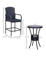 Rattan Wicker Bar Set for 3 Pcs with Ice Buckets, Patio Furniture with 1 Bar Table and 2 Bar Stools for Poolside, Backyard, Porches