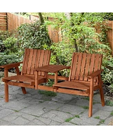 Patio Bench, Garden Bench with Middle Table and Umbrella Hole, Wooden Outdoor Bench for Patio, Porch, Poolside, Balcony, Orange